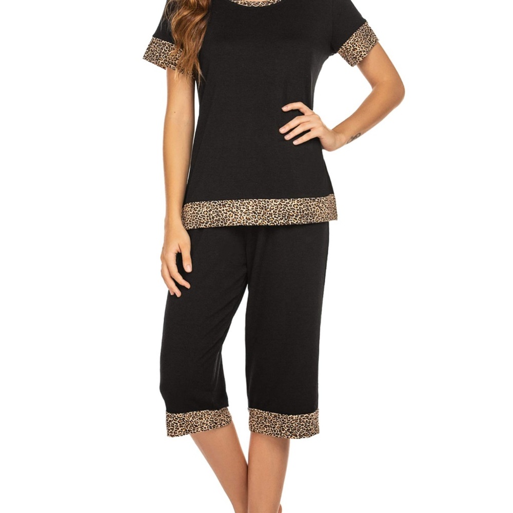 Women's Black and Leopard Print Sleepwear Set